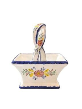 Hand Painted Portuguese Ceramic Basket Blue & White Floral